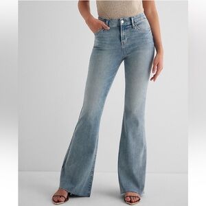 Express Mid-Rise Light-Wash Raw Hem 70’s Flare Jean